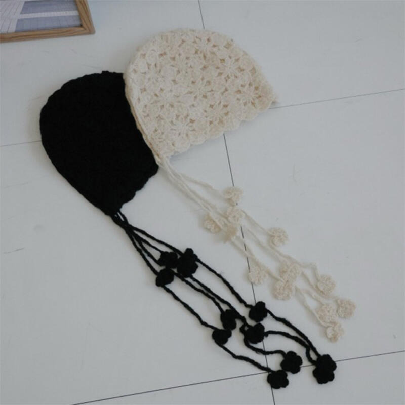 Women s Floral Sweater Bonnet Wave Hat C8534_Black