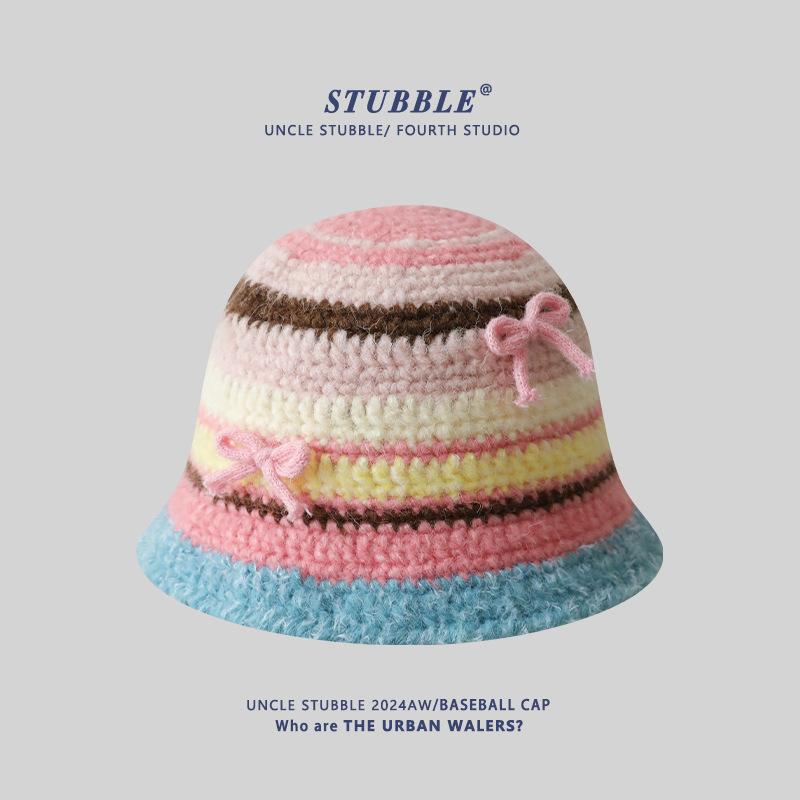 New Autumn and Winter Knitted Hat Korean Style Sweet and Cute Girls Contrasting Striped Woolen Hat Showing Face Small Warm Fisherman Hat