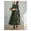 Nové Vintage Bavlněné a Lněné Tištěné Šaty s Kulatým Výstřihem a Dlouhým Rukávem Ženy Volné Velké Velikosti Tenké Prošívané Áčková Sukně Ženy