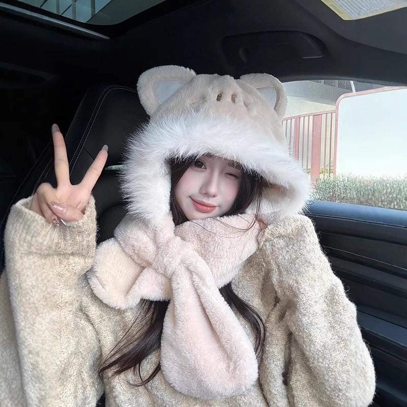 Keep warm in winter cute little fox hat scarf integrated women's plush thickened warm cycling cold protection ear hat women