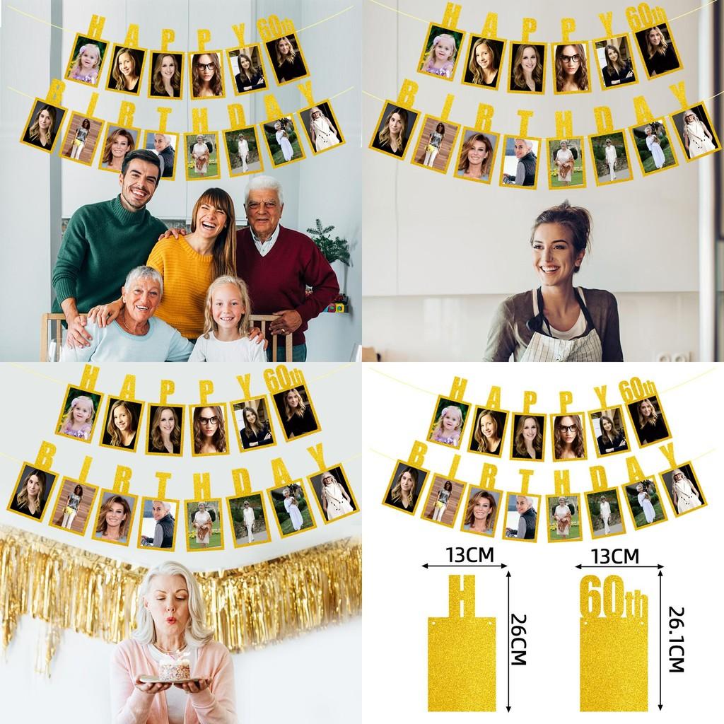 Birthday Golden 60th Photo Commemorate Banner Celebration Event Props Decoration