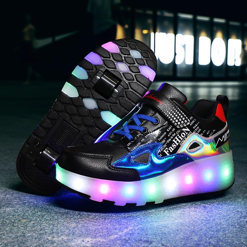 27-43 Detachable Wheel Boys/Girls Double Wheel Luminous Sneakers Can Be Charged Sneakers for Skating Kids Roller Skating Boots
