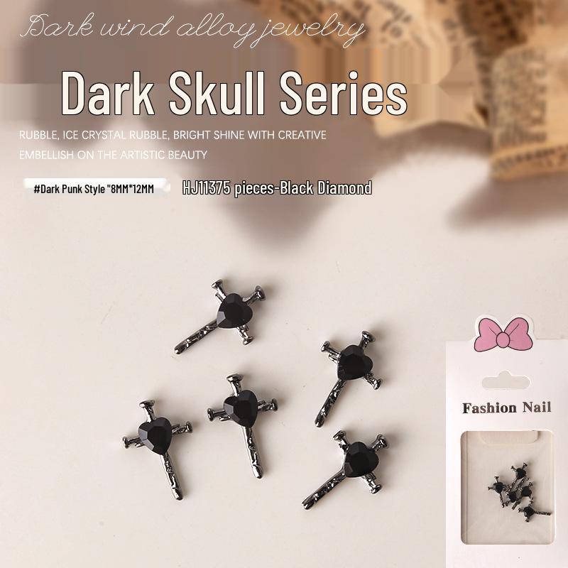 Dark Skull Retro Chrome Heart Scarlet Cross Nail Rhinestone Embellishments - 5 Pcs