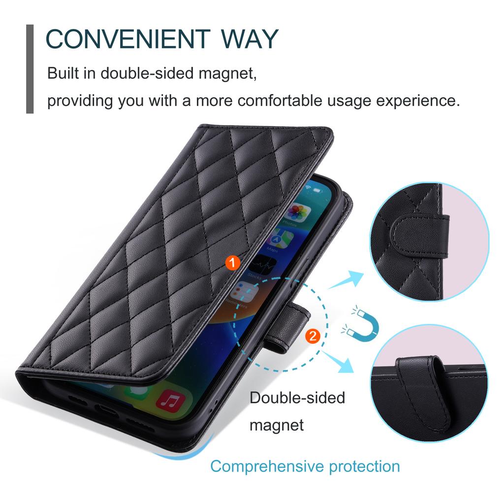 For iPhone 14 Leather Case Rhombus Grid Pattern Phone Wallet Cover