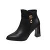 Fashion Rhinestone Metal Buckle Block Heel Single Boots Women's Fall New Pointed Toe Side Zip Non-Slip Shorthole Boots
