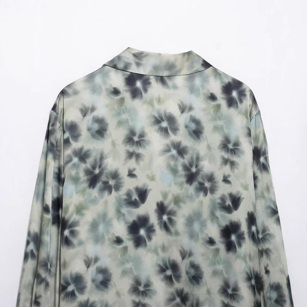 2025 Spring Women's European & American Style Print Silk Satin Long Sleeve Lapel Casual Shirt