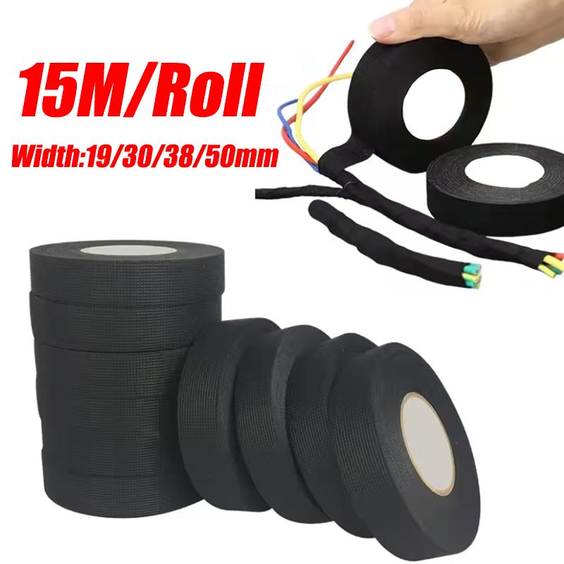 15M Car Wiring Fabric Cloth Tape Heat Resistant Adhesive Tape 19-50mm Auto Harness Cable Wrapping Organizer Tape