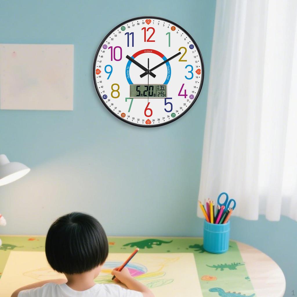 Kids Wall Clock 12" Colorful Teaching Time Easily Silent for Classroom Playroom