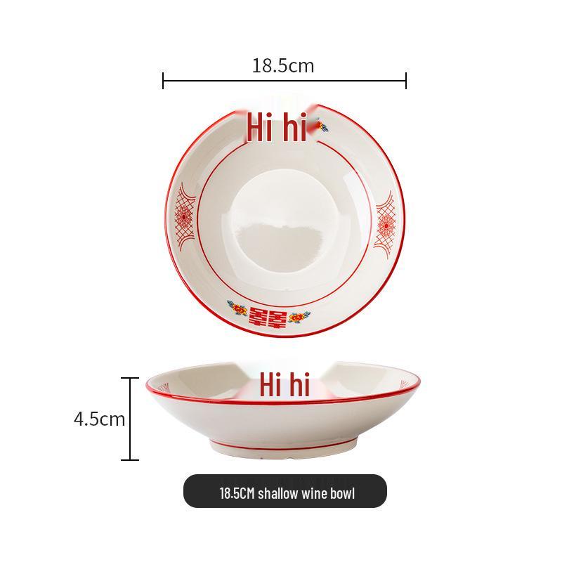 Set di Piatto Rotondo Rosso Ceramica Retrò Doppia Felicità - Piatto Basso, Piatto Piatto, Piatto per Hot Pot, Piatto per Carne, Piatto per Salsa e Piatto per Pesce per Tavola da Ristorante.