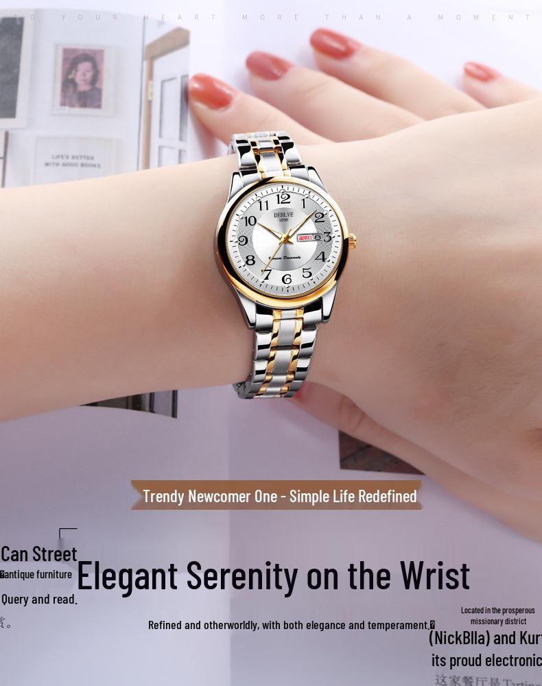 Montre à Quartz pour Femmes Ultra-Fine à Bracelet en Acier Double Calendrier Lumineuse Étanche Numérique Style Coréen