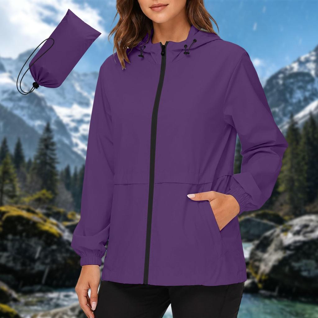 Women's Waterproof Windproof Hooded Jacket Lightweight Outdoor Raincoat Full Zip Front Pockets Adjustable Drawstring Hood