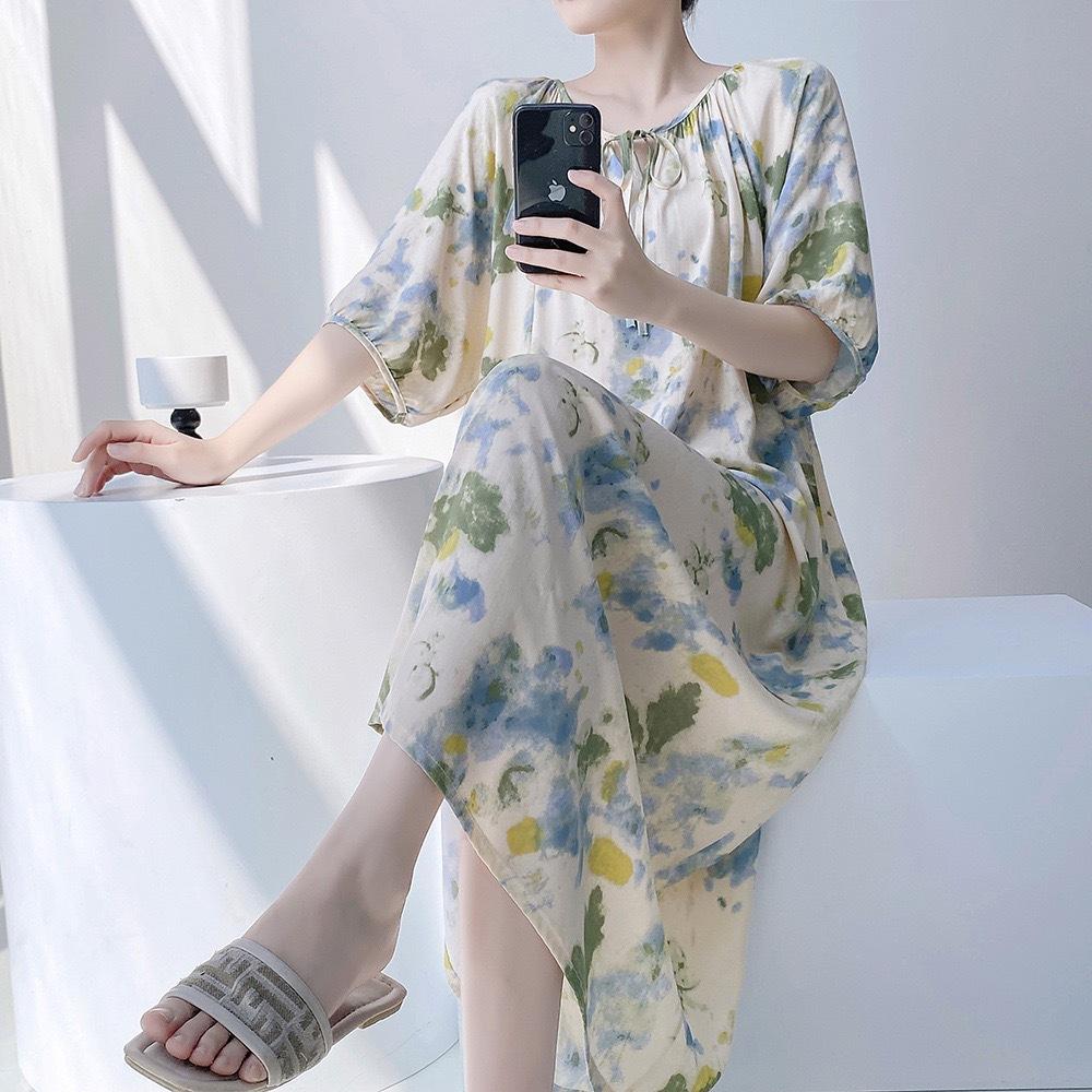 1011 new cotton silk nightdress women's spring thin high-end sweet wind printing knee-length skirt can be worn outside