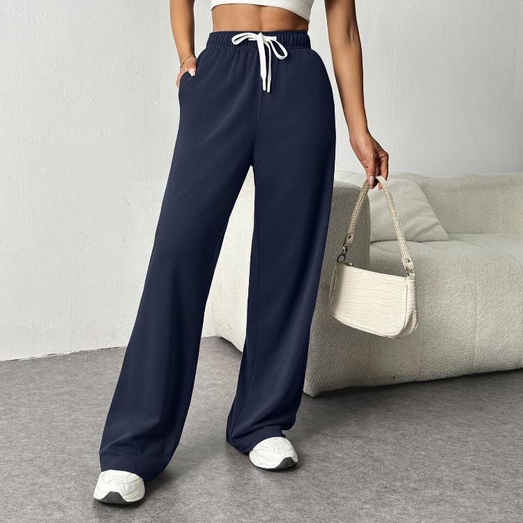 Women's Comfortable Elastic Waist Leisure Sports Wide Leg Loose Straight Pants Trousers