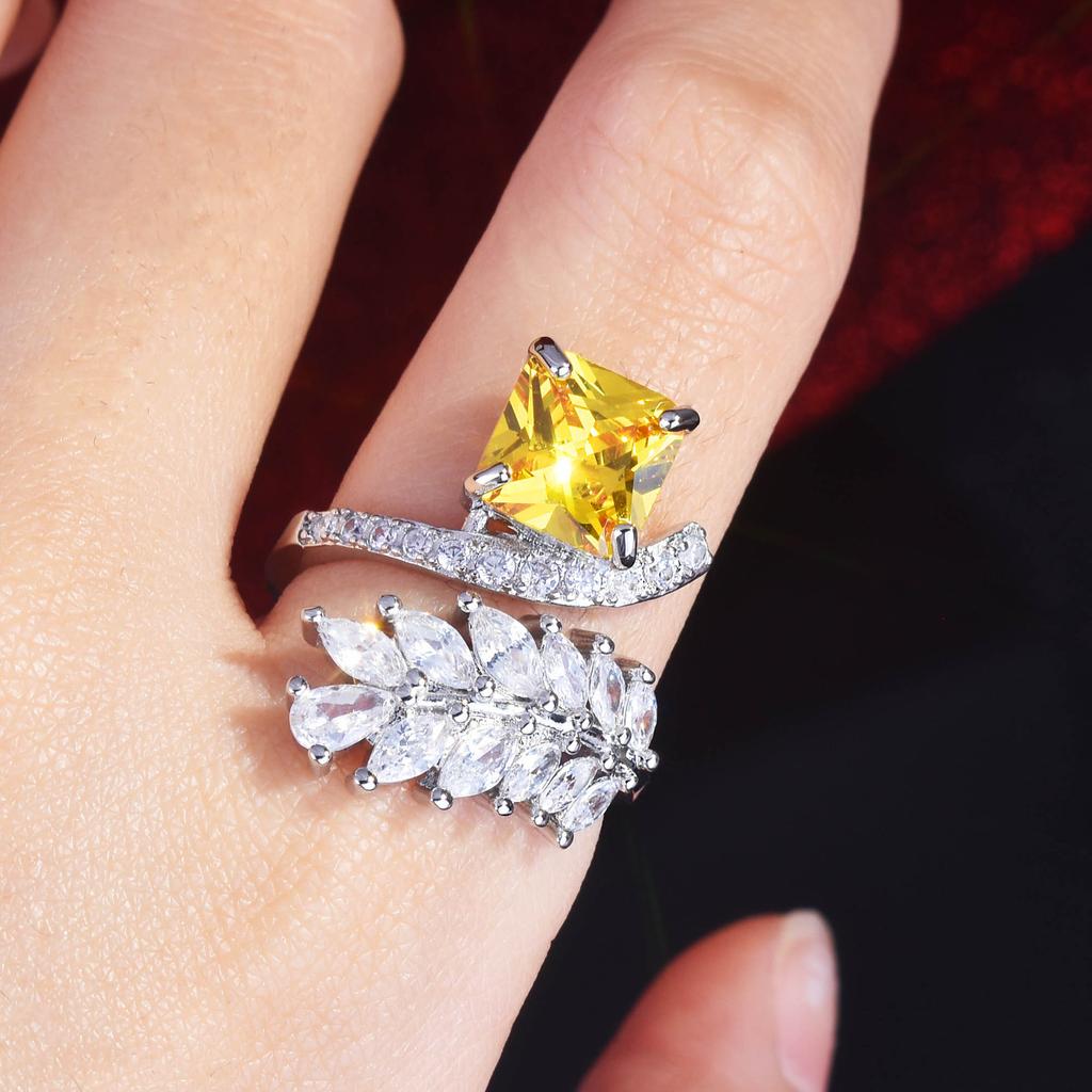 Fashion Personality Yellow Diamond Index Finger Ring, Radiant Ice Flower Cut Diamond Ring Women'S, Niche Light Luxury Jewelry