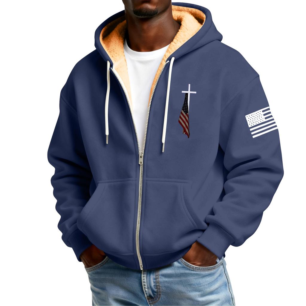 Men's Flag Print Fleece-Lined Zip-Up Pocket Hooded Sweatshirt Cardigan Men's Casual Sweatshirt Cardigan