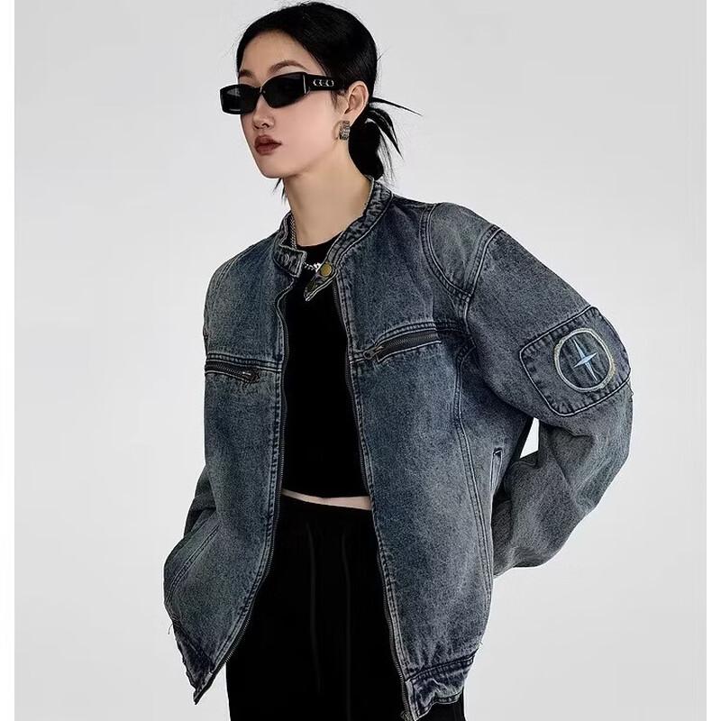 ICH MODE Women's Retro Washed Denim Jacket