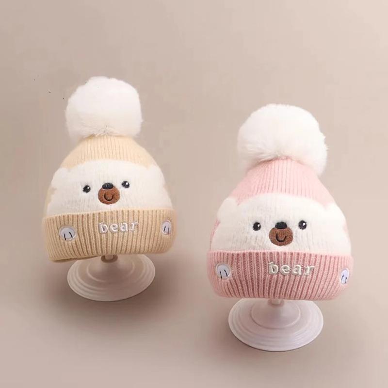 Niedliche Plüschkugel Baby Wollmütze Cartoon Bär Kinder Ohrenschutz Mütze 0-2 Jahre Kinder Winter Warme Überziehmütze Gestrickte Beanies