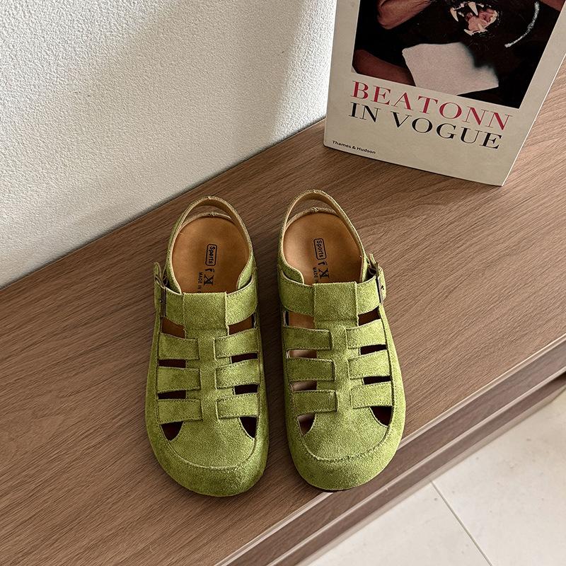 

Версия из коровьей кожи~ Кожаные римские сандалии женские 2025 лето новые универсальные ретро уродливо милые дырявые сандалии Бокен 40 зелёный