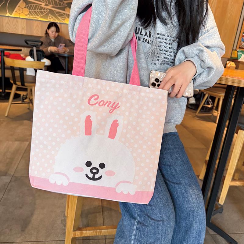 Cute genuine brown bear canvas bag women's new large-capacity zipper student shoulder bag tutoring bag