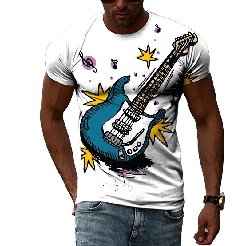 Summer Fashion Guitar Picture  T-Shirts For Men Casual 3D Print Tees Hip Hop Personality Round Neck Short Sleeve Tops