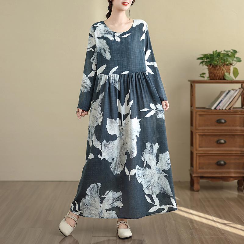 DIMANAF New 2025 Women Plus Size Spring Long Dress Loose Basic Vintage Oversize Long Sleeve Maxi Floral