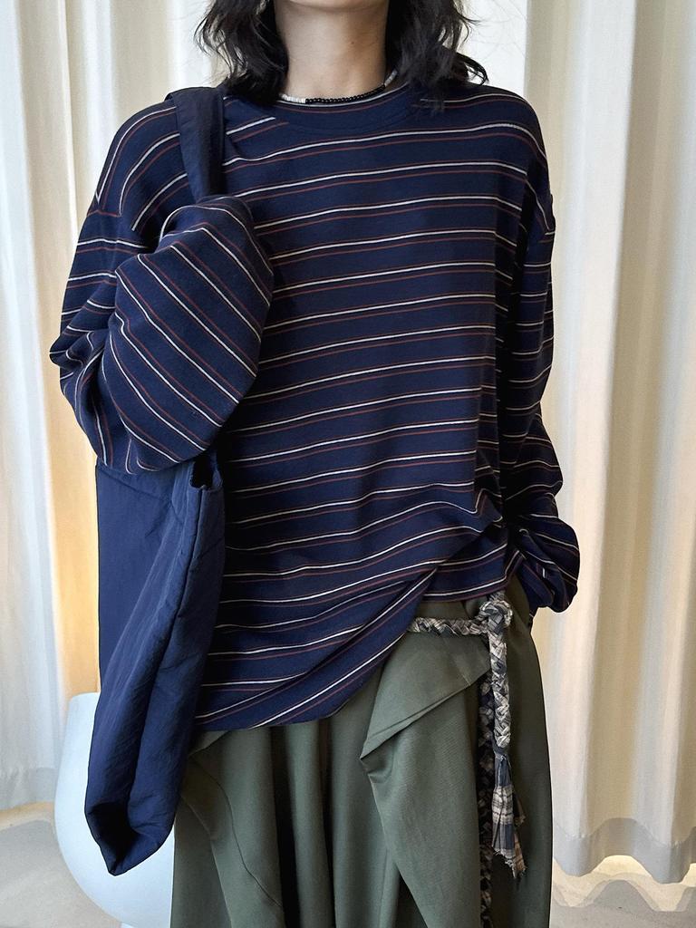 Louvre Spring Retro Korean Stripe Color Block Round Neck Casual Women's T-Shirt