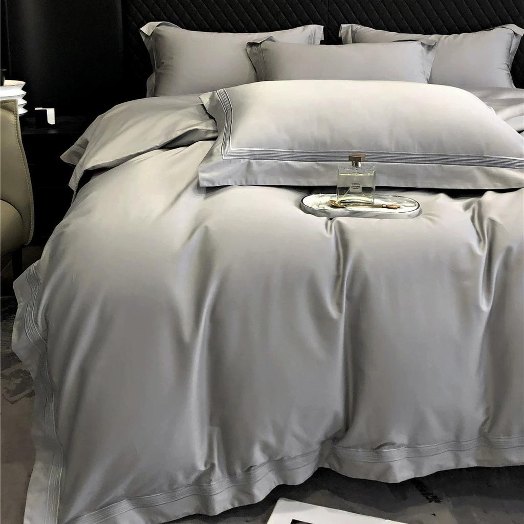 100% Cotton Luxury Minimalist Modern Solid Color 5-Line Stitch 4-Piece Duvet Cover Bedding Set All-Season Premium Home Textiles