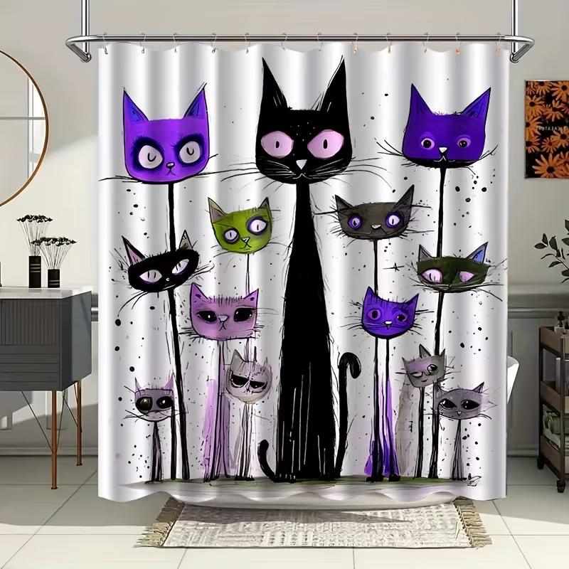 VIKAMA Cartoon Cat Print Shower Curtain Easy Care Nordic Style Bathroom Wet/Dry Separation Healing and Adorable Atmosphere