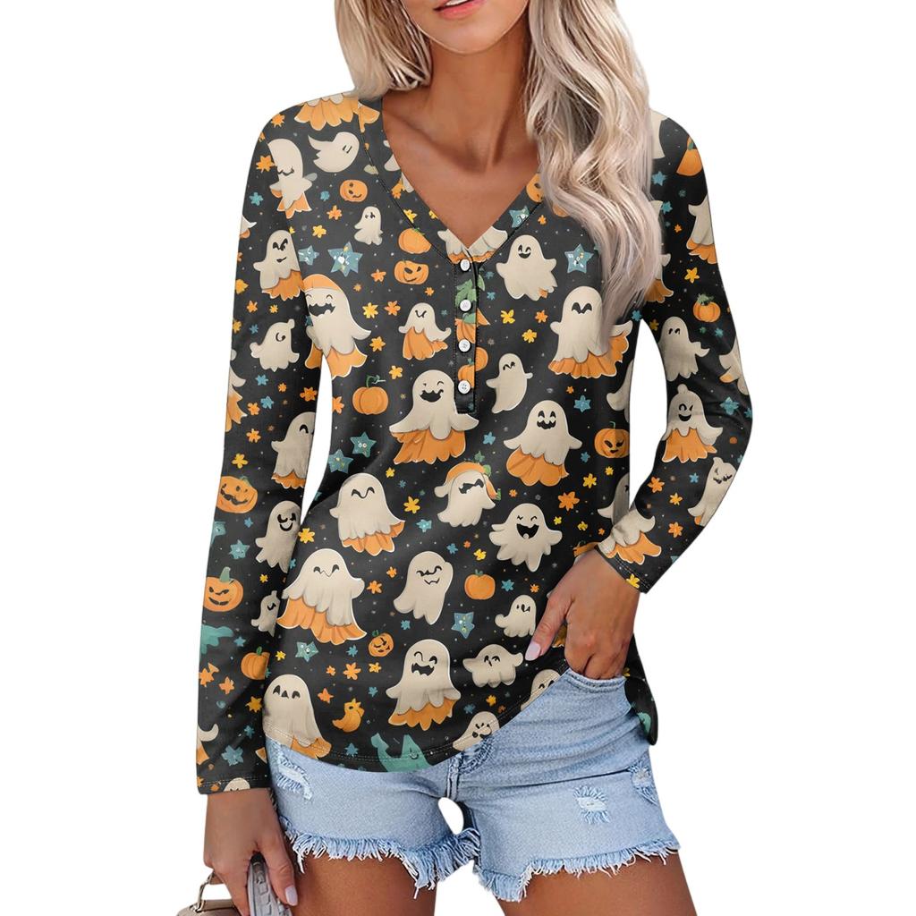 Women's Casual Fashion Sexy Comfort Halloween Printed V-Neck Button Long Sleeve