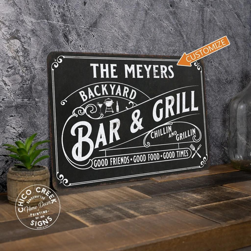 Custom Backyard Bar Grill Vintage Metal Sign Patio BBQ Wall Decor Waterproof Plaque