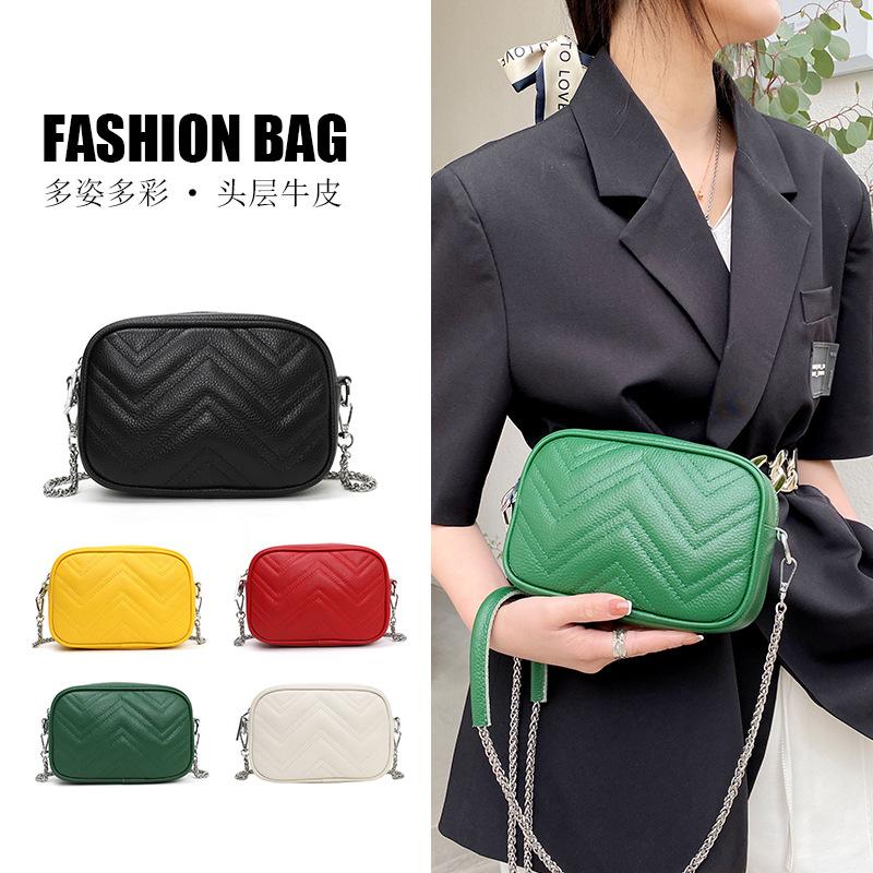 First layer cowhide small square bag women's bag new trendy fashion embroidered thread single shoulder messenger bag chain small bag