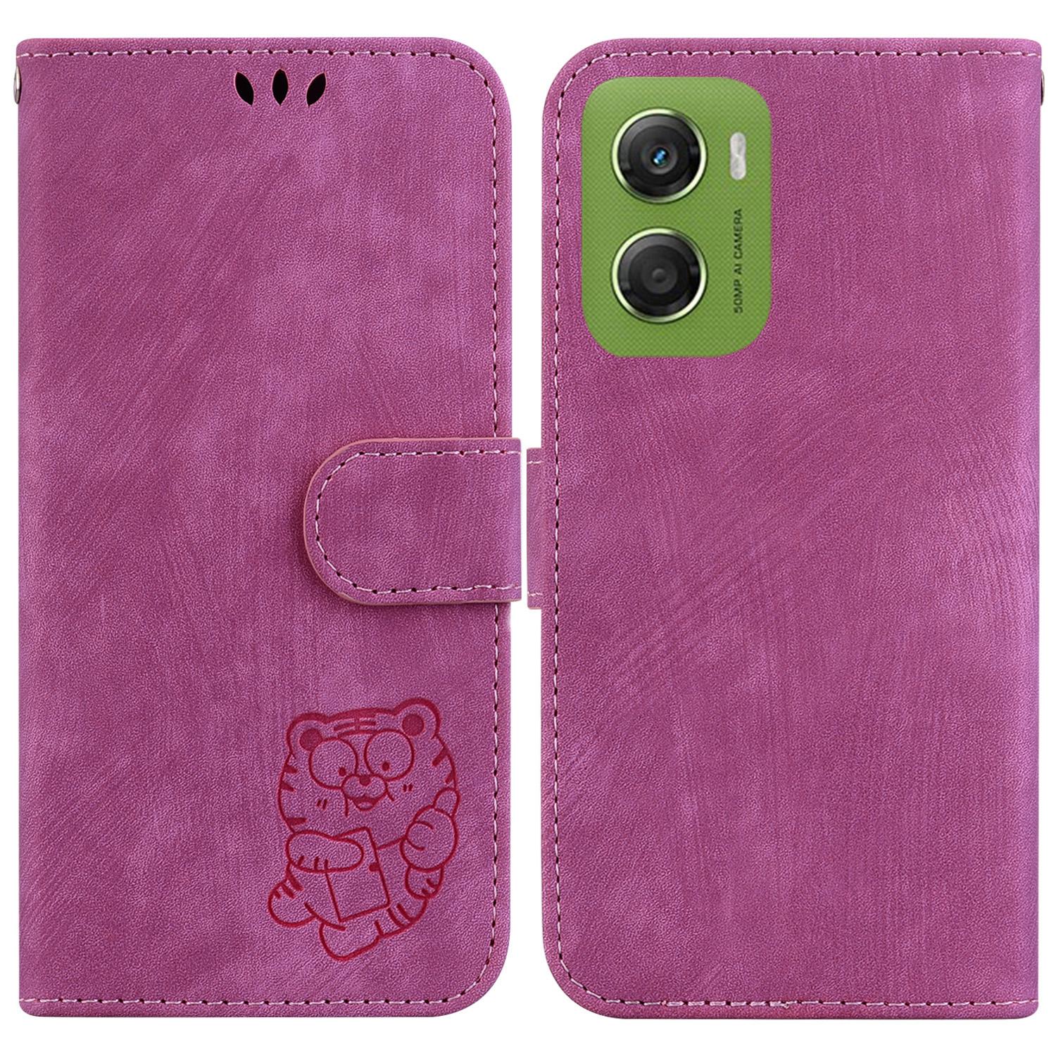 

For Motorola Moto G06 4G Wallet Case Tiger Imprint Leather Shockproof Phone Cover with Wrist Strap