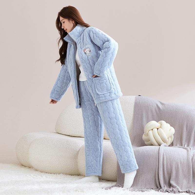 Damen Winter-Schlafanzug, dreilagig gesteppt mit Baumwolle und Fleece für Wärme, große Größen können auch draußen getragen werden, niedliche Korallfleece-Loungewear