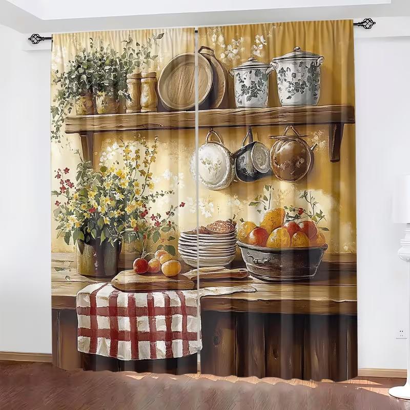 2 Pcs Retro kitchen print curtains,suitable for bedroom,living room kitchen decoration,home decoration,window decoration