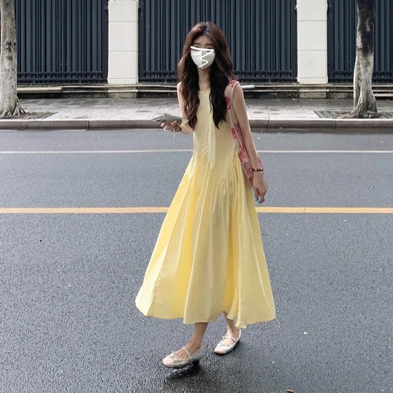 French Temperament Sleeveless Vest Dress Light Yellow Women's Summer Dopamine Sweet Age-reducing A-word Long Skirt