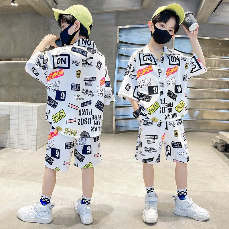 Boys Spring and Summer Thin Lapel Short-sleeved Shirt + Casual Shorts Sports Two-piece Set