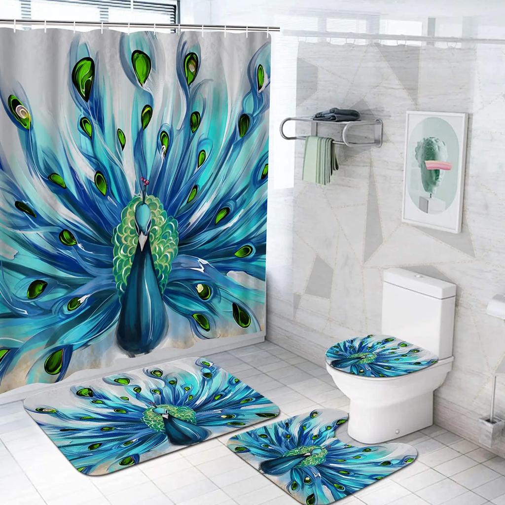 Watercolor Peacock Feather Shower Curtain Set With Rugs Toilet Lid Cover Carpet Bath Mat Bathroom Shower Curtains Set Home Decor