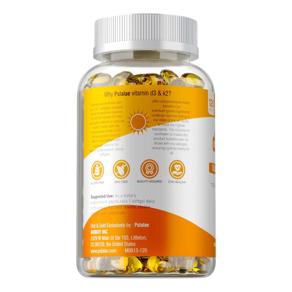 Vitamin D3+K2 Soft Capsules, Coconut Oil Base, Immune Support, Suitable for Both Men and Women.