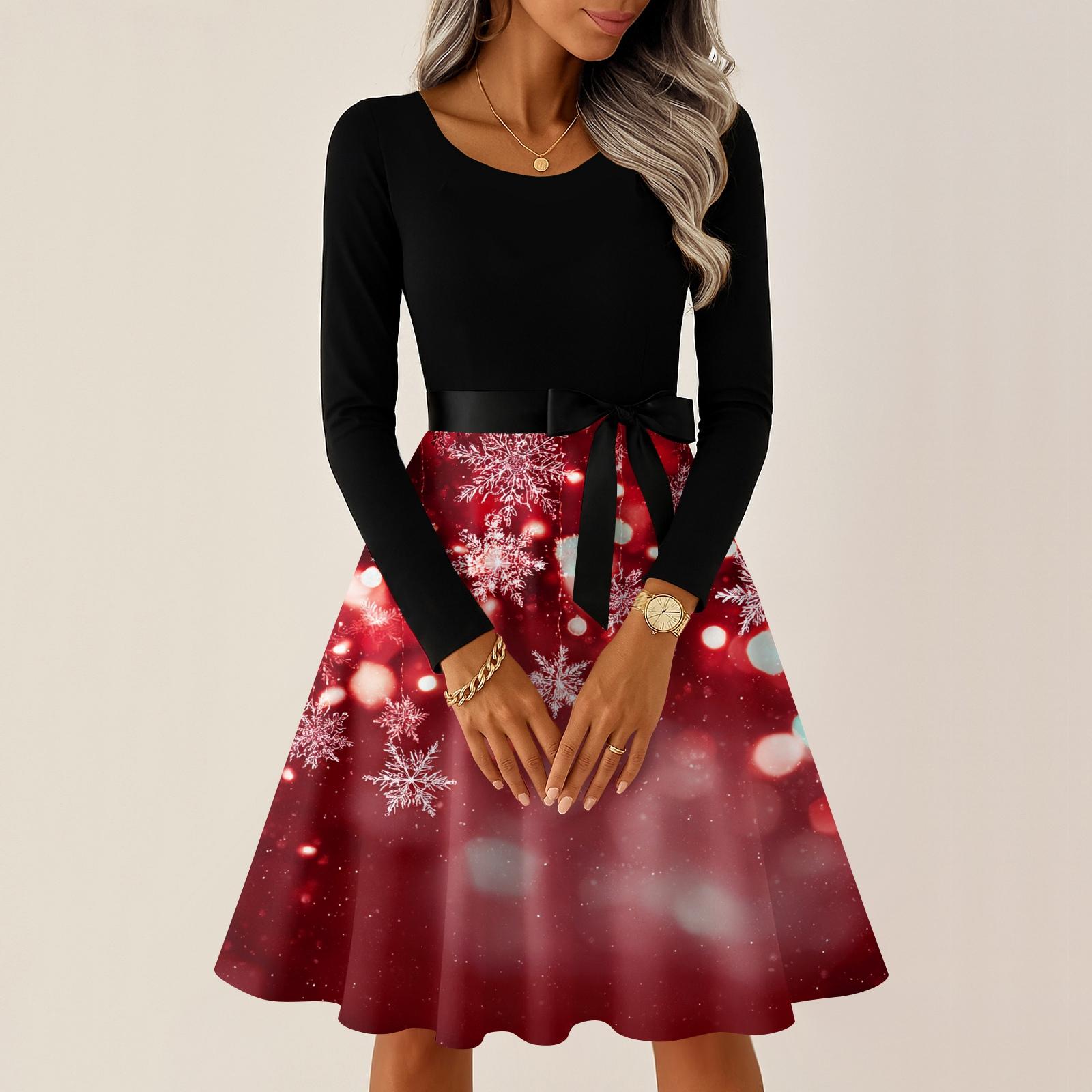 

Женские повседневные модные платья с круглым вырезом, длинным рукавом, рождественским принтом, для вечеринки, винтажные длинные платья L чёрный