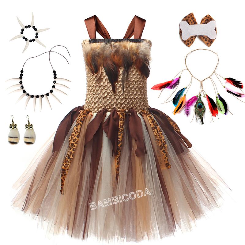 Höhlenmädchen Kostüm für Mädchen Wilder Mann Cosplay Geburtstag Dschungel Karneval Partykleider Ausgefallene Tutus Outfit Halloween Tutu Kleid