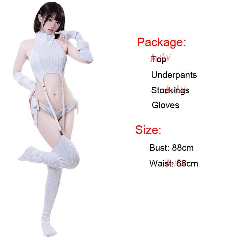 Erotic Sexy Anime Cat Girl Gray Turtleneck Sweater Uniform Outfit Cosplay Women Backless Knit Clothes Garter Stocking Costume