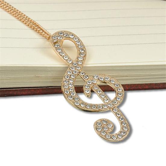 Fashion Women Fully Rhinestone Music Note Pendant Long Chain Sweater Necklace