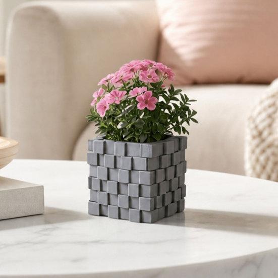 3D Printed Pixel Cube Planter, Grid Spliced Decor, Retro Geometric Ornament, Matte Breathable Structure, Compact Desktop Pot for Succulents Green