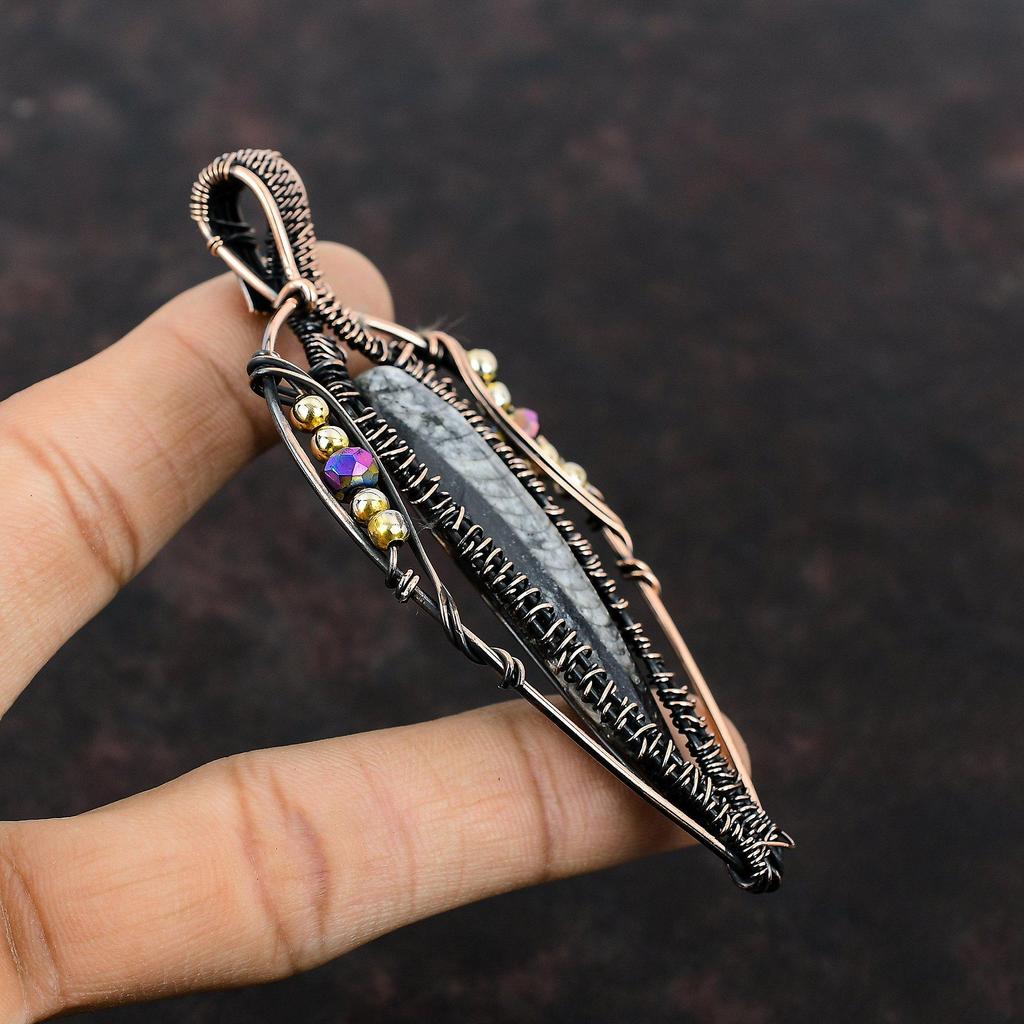 Orthoceras Fossil Copper Pendant Wire Wrapped Pendant Handmade Titanium Beads Pendant Copper Designer Jewelry Gemstone Pendants Gift For Mom