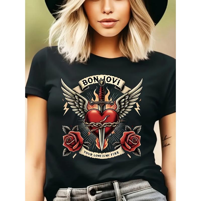 

European sizes Women s Bangchowei Rock T-Shirt - Iconic Your Love Is My Fire Heart & Sword Rose Graphic Print 4XL