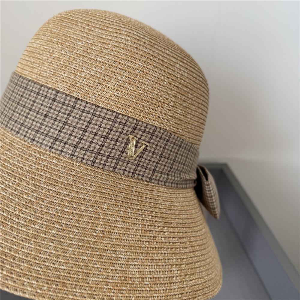 Straw Hat Versatile V Standard Plaid Bow Streamer Eaves Sunscreen Sunshade Bucket Hat Sun