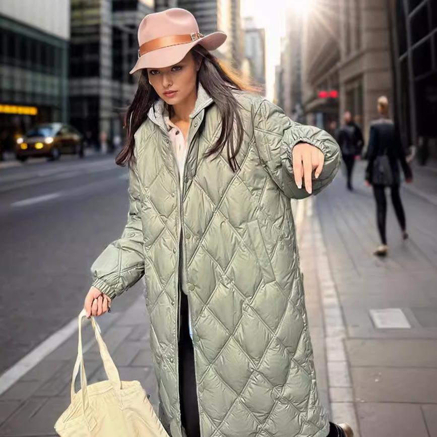 Design Sense Diamond Grid Medium Long Loose Cotton Jacket 2026 New Winter Women's Contrast Hooded Long Parkas Women's Coat