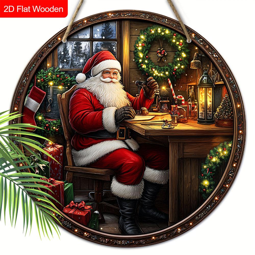 Rustic Wooden Christmas Sign with Santa Claus Pattern - Navidad Round Wreath Sign for Yard Door Wall Hanging Decor - Ideal Christmas Decoration