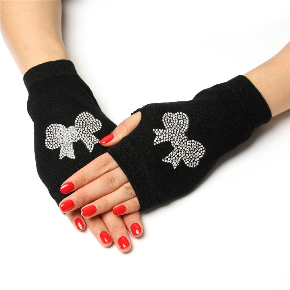 Rhinestone Wool Knitted Half Finger Computer Mittens Warm Gloves Fingerless Gloves