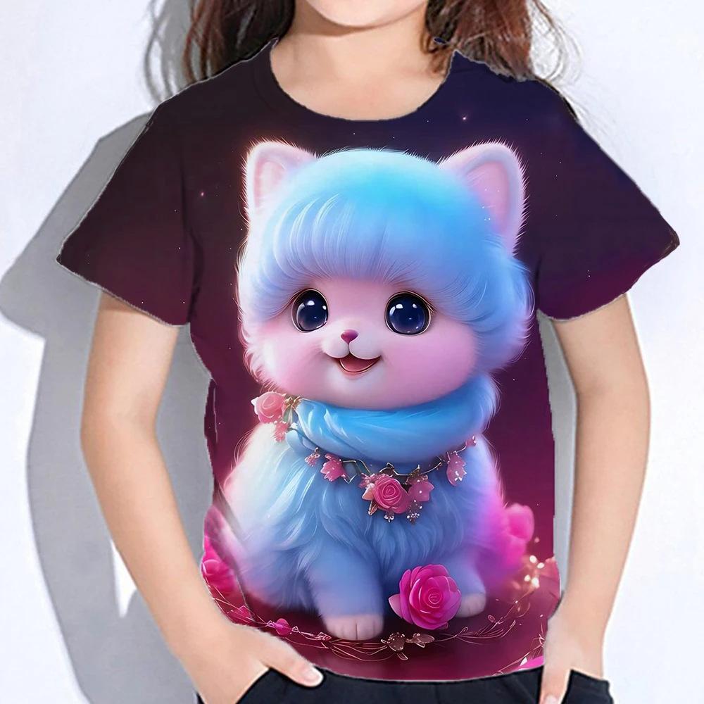 Summer Round Neck 3D Cute Cat Printed Top Fashionable Casual Short Sleeved Children's Girl T-shirts